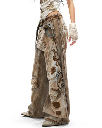 Personsoul Vintage Earth-Tone Faux-Layer Curved Jeans