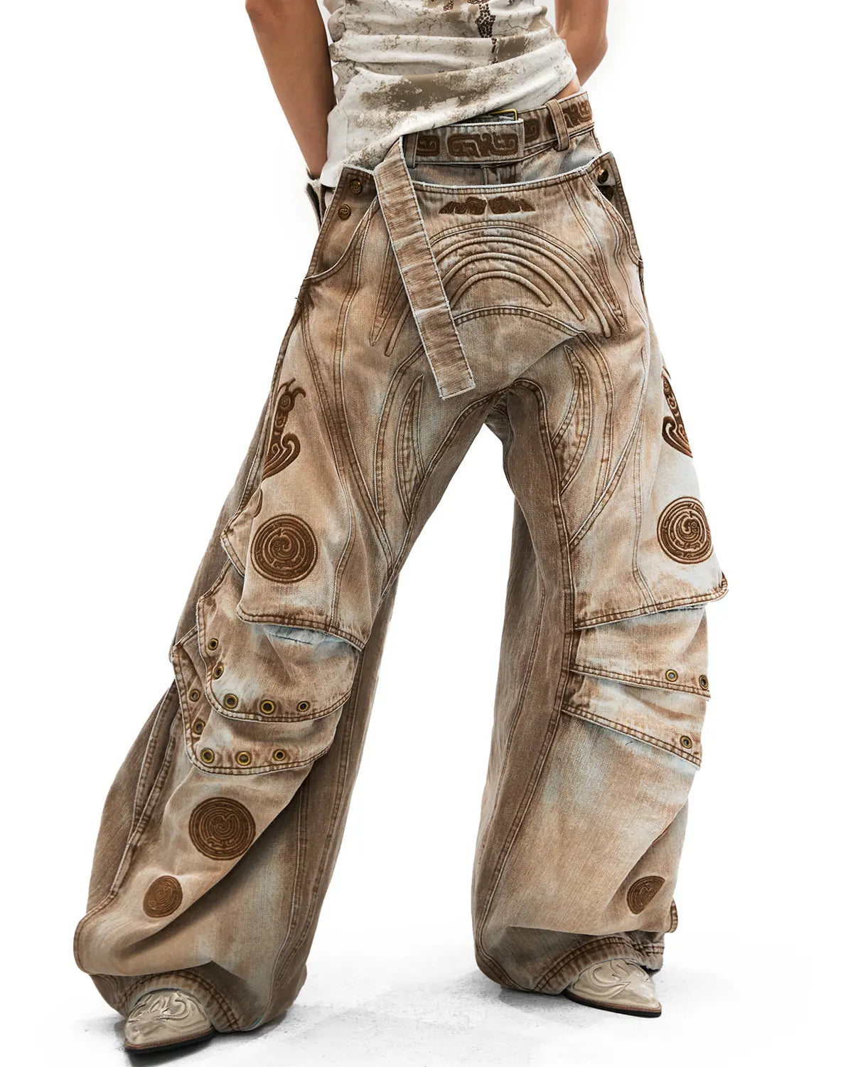 Personsoul Vintage Earth-Tone Faux-Layer Curved Jeans