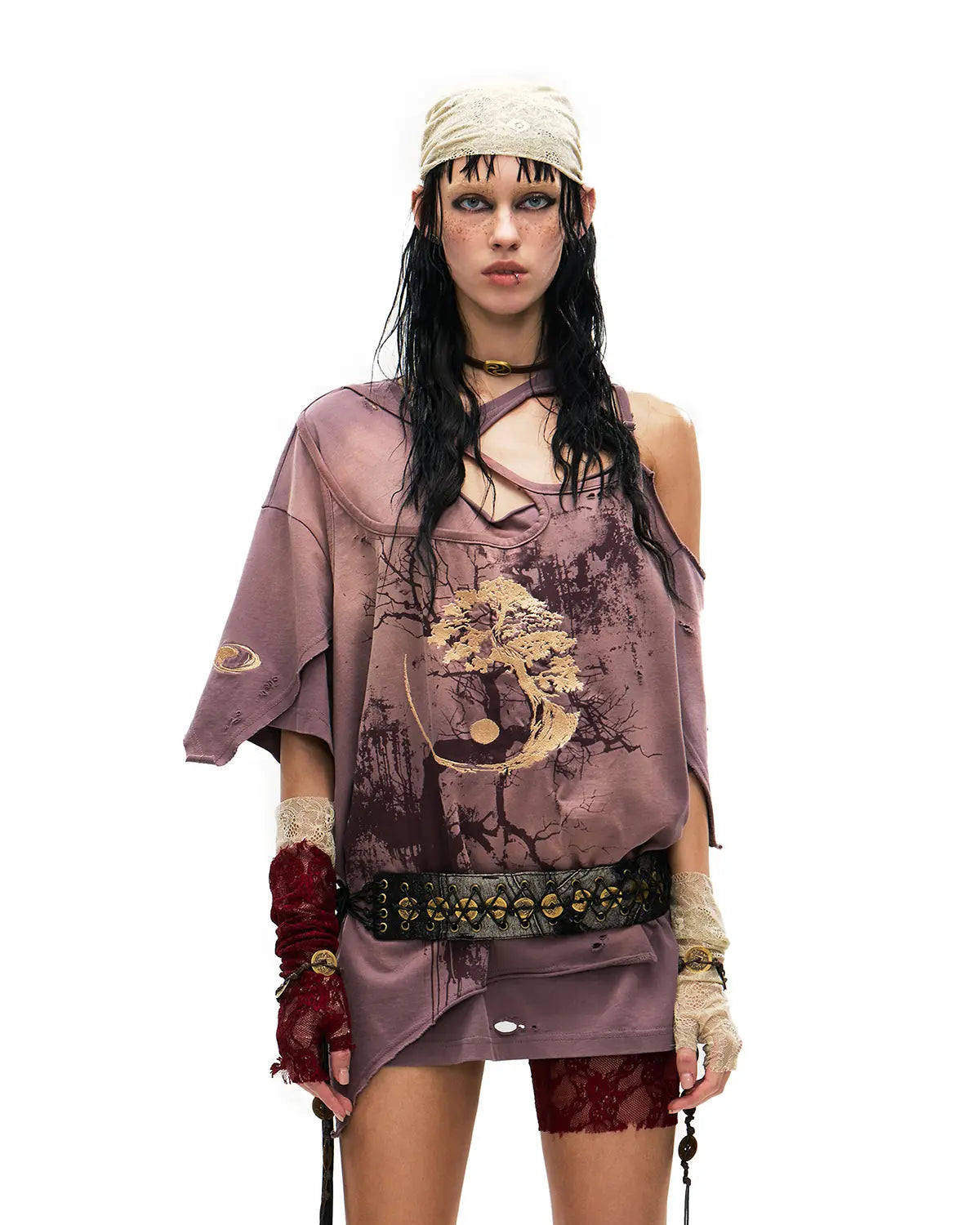 Personsoul Ink-Wash Distressed One-Shoulder T-Shirt