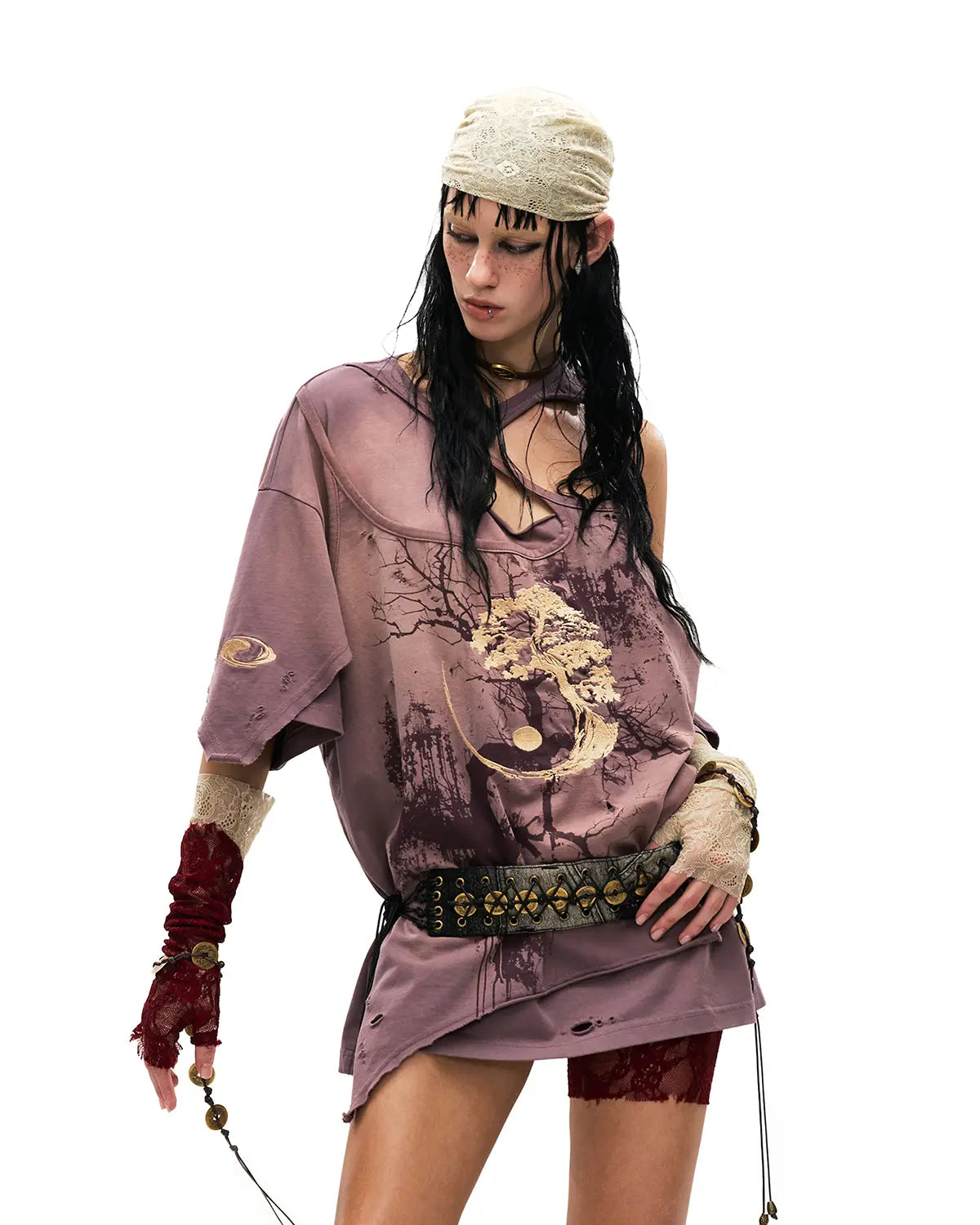 Personsoul Ink-Wash Distressed One-Shoulder T-Shirt