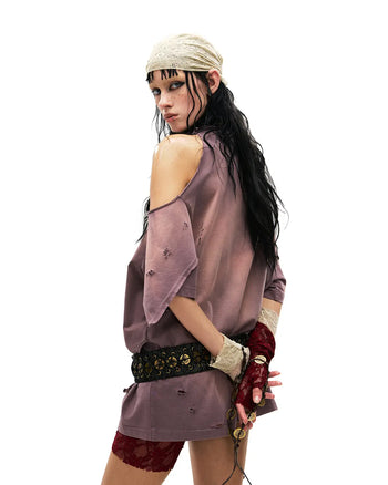 Personsoul Ink-Wash Distressed One-Shoulder T-Shirt