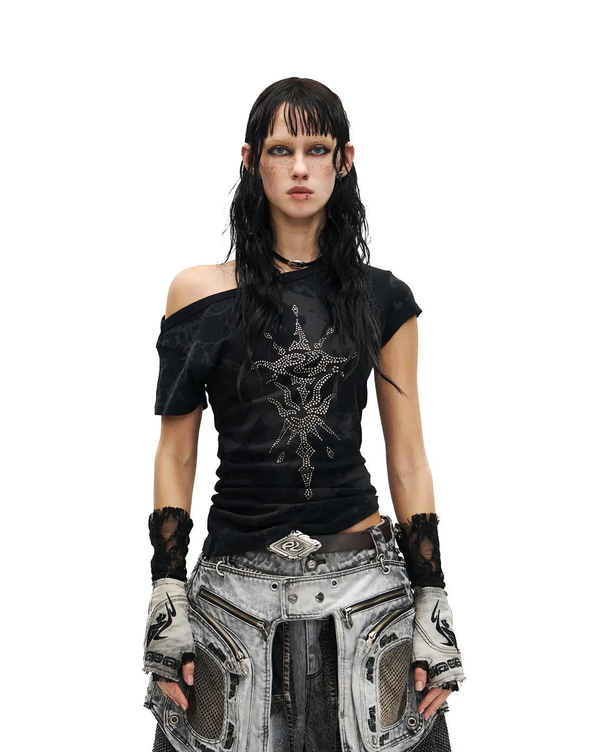 Personsoul Phoenix Motif One-Shoulder T-Shirt In Black