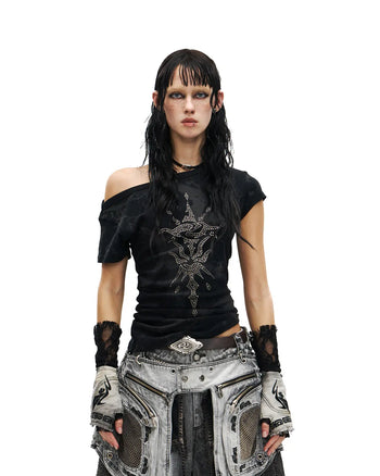 Personsoul Phoenix Motif One-Shoulder T-Shirt In Black