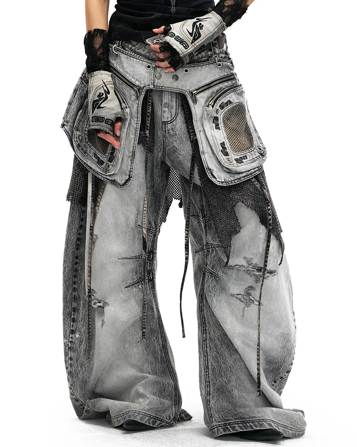 Personsoul Vintage Detachable Panel Curved Denim Jeans