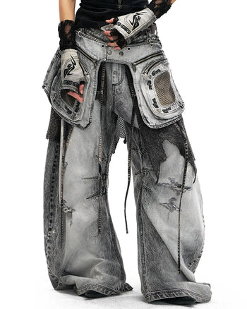 Personsoul Vintage Detachable Panel Curved Denim Jeans