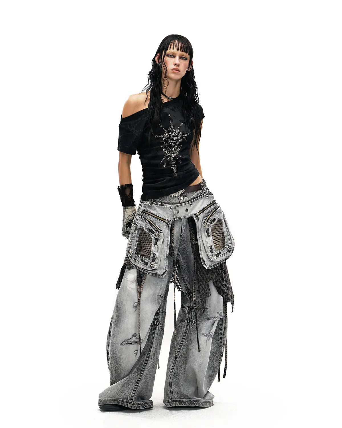 Personsoul Vintage Detachable Panel Curved Denim Jeans