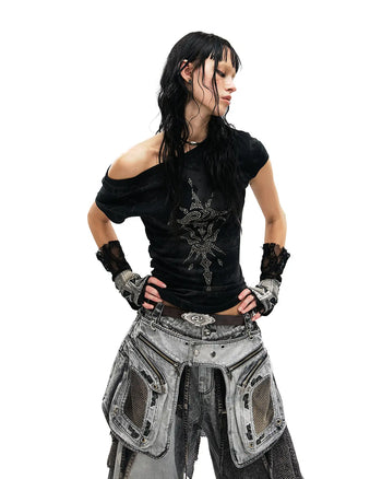 Personsoul Phoenix Motif One-Shoulder T-Shirt In Black