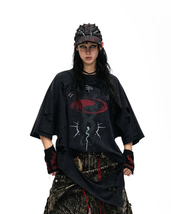 Personsoul Double-Layer Distressed Mythology Print T-Shirt In Black