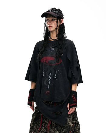 Personsoul Double-Layer Distressed Mythology Print T-Shirt In Black