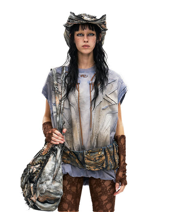 Personsoul Deconstructed Contrasting Embroidery Sleeveless T-Shirt