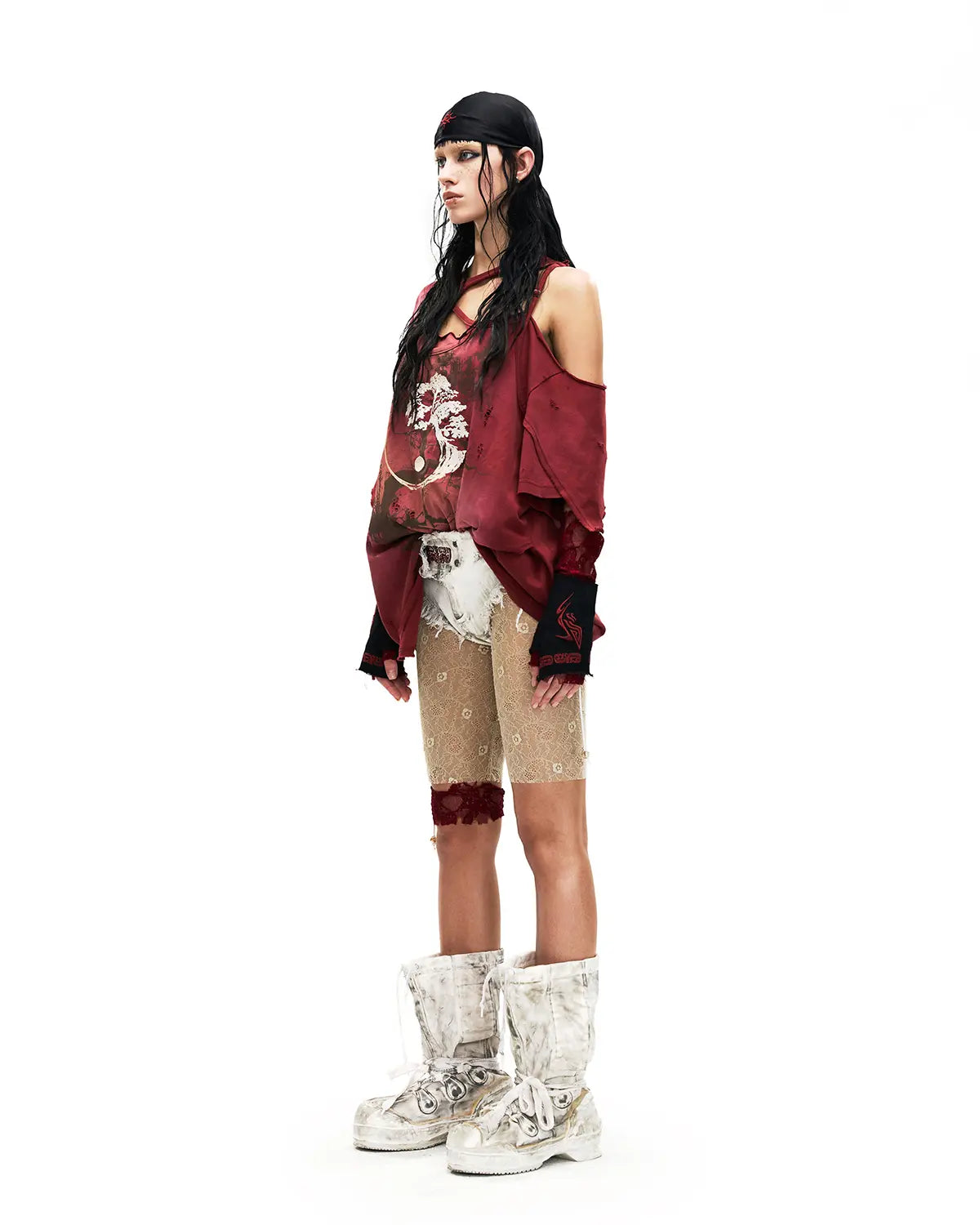 Personsoul Ink-Wash Distressed One-Shoulder T-Shirt In Red