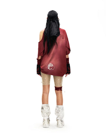 Personsoul Ink-Wash Distressed One-Shoulder T-Shirt In Red