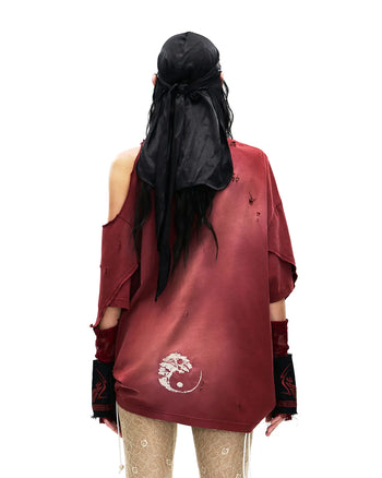 Personsoul Ink-Wash Distressed One-Shoulder T-Shirt In Red
