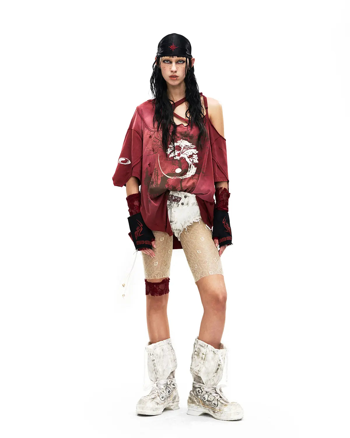 Personsoul Ink-Wash Distressed One-Shoulder T-Shirt In Red