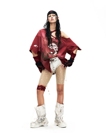 Personsoul Ink-Wash Distressed One-Shoulder T-Shirt In Red