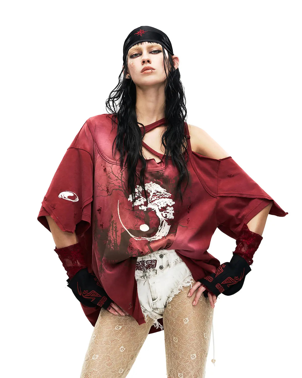 Personsoul Ink-Wash Distressed One-Shoulder T-Shirt In Red