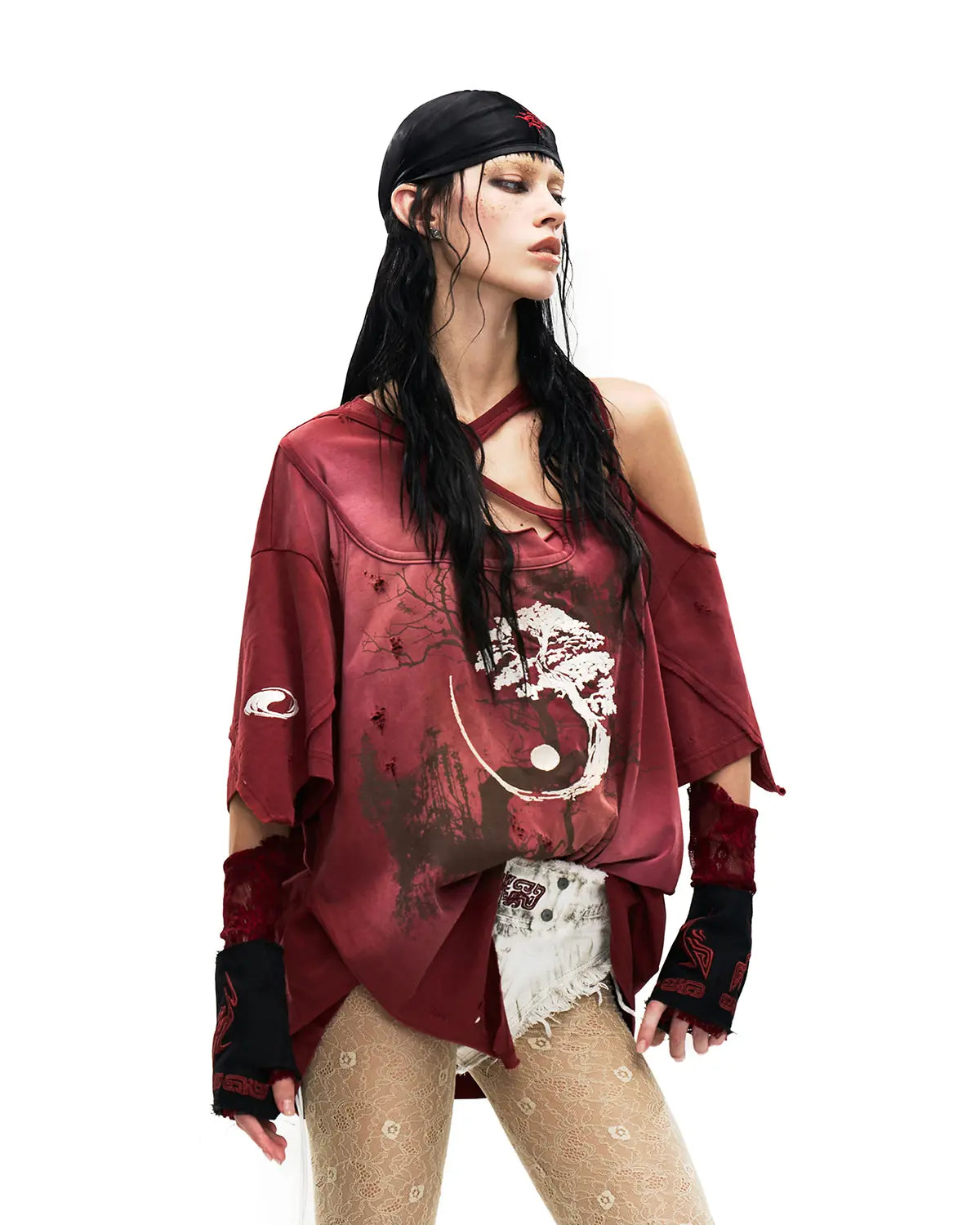 Personsoul Ink-Wash Distressed One-Shoulder T-Shirt In Red