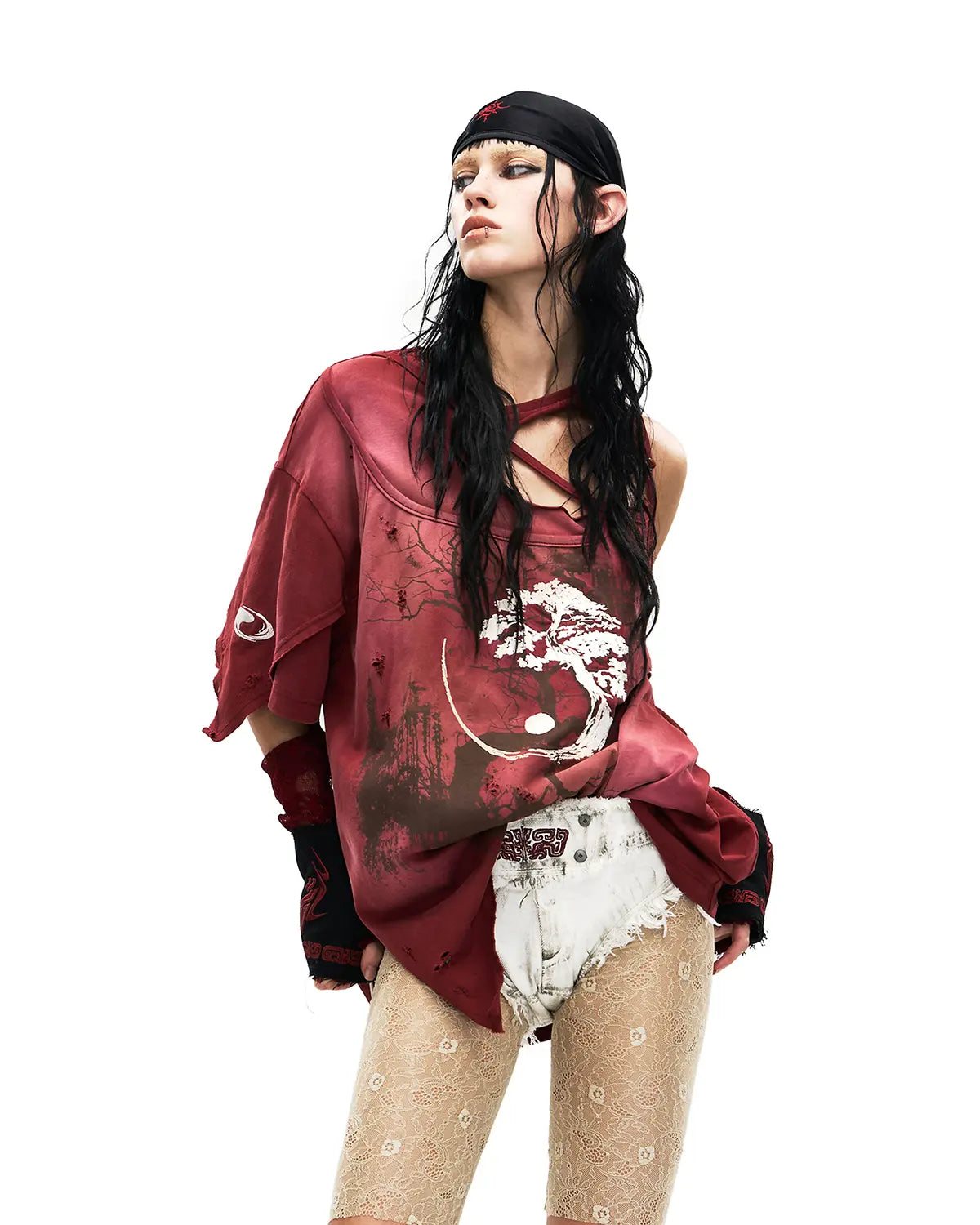 Personsoul Ink-Wash Distressed One-Shoulder T-Shirt In Red