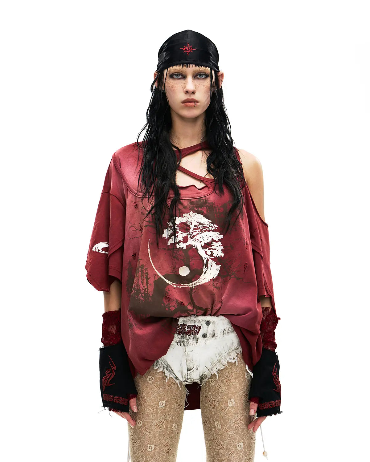 Personsoul Ink-Wash Distressed One-Shoulder T-Shirt Red - personsoul