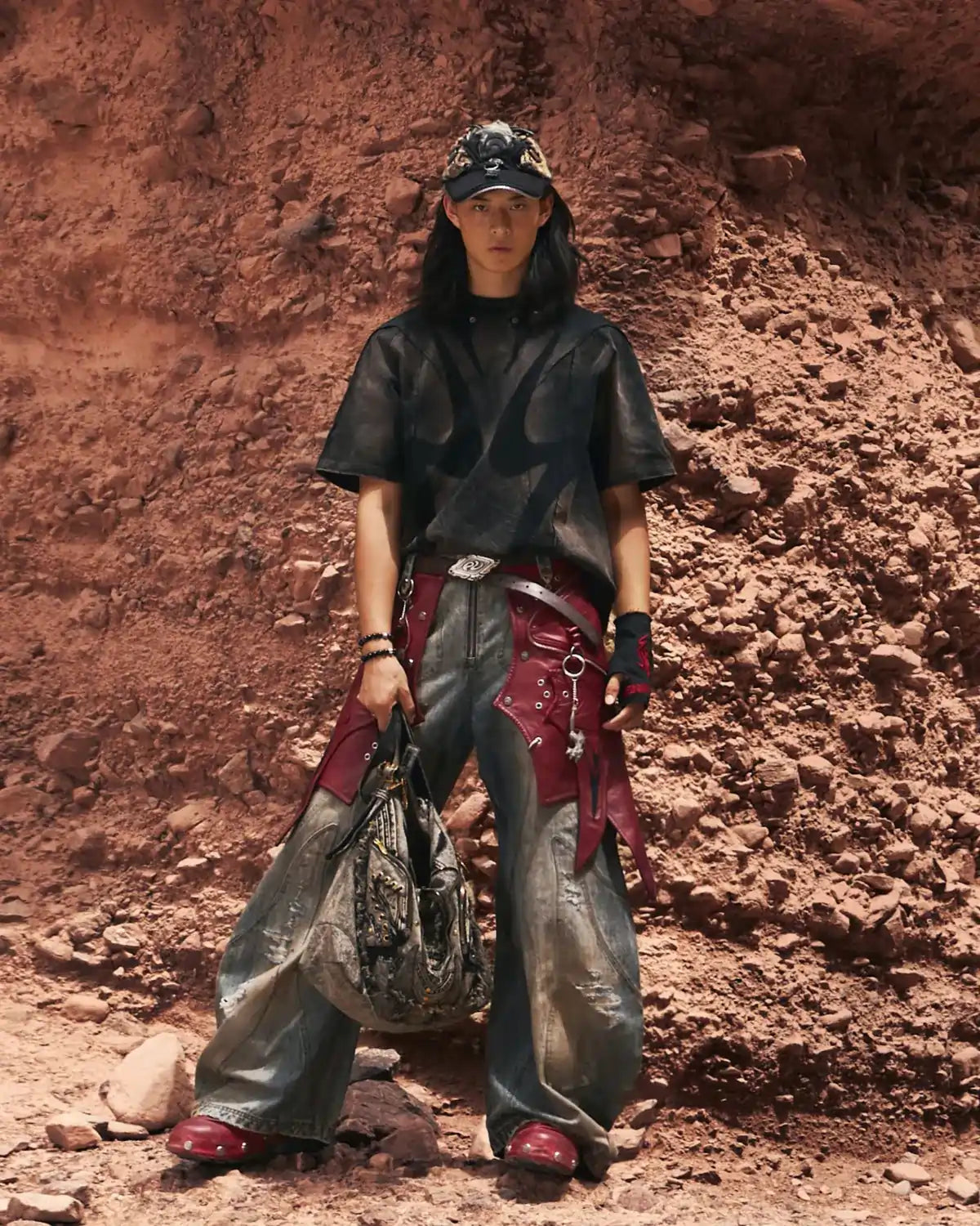 Personsoul Red Leather Waist-Strap Curved Denim Jeans