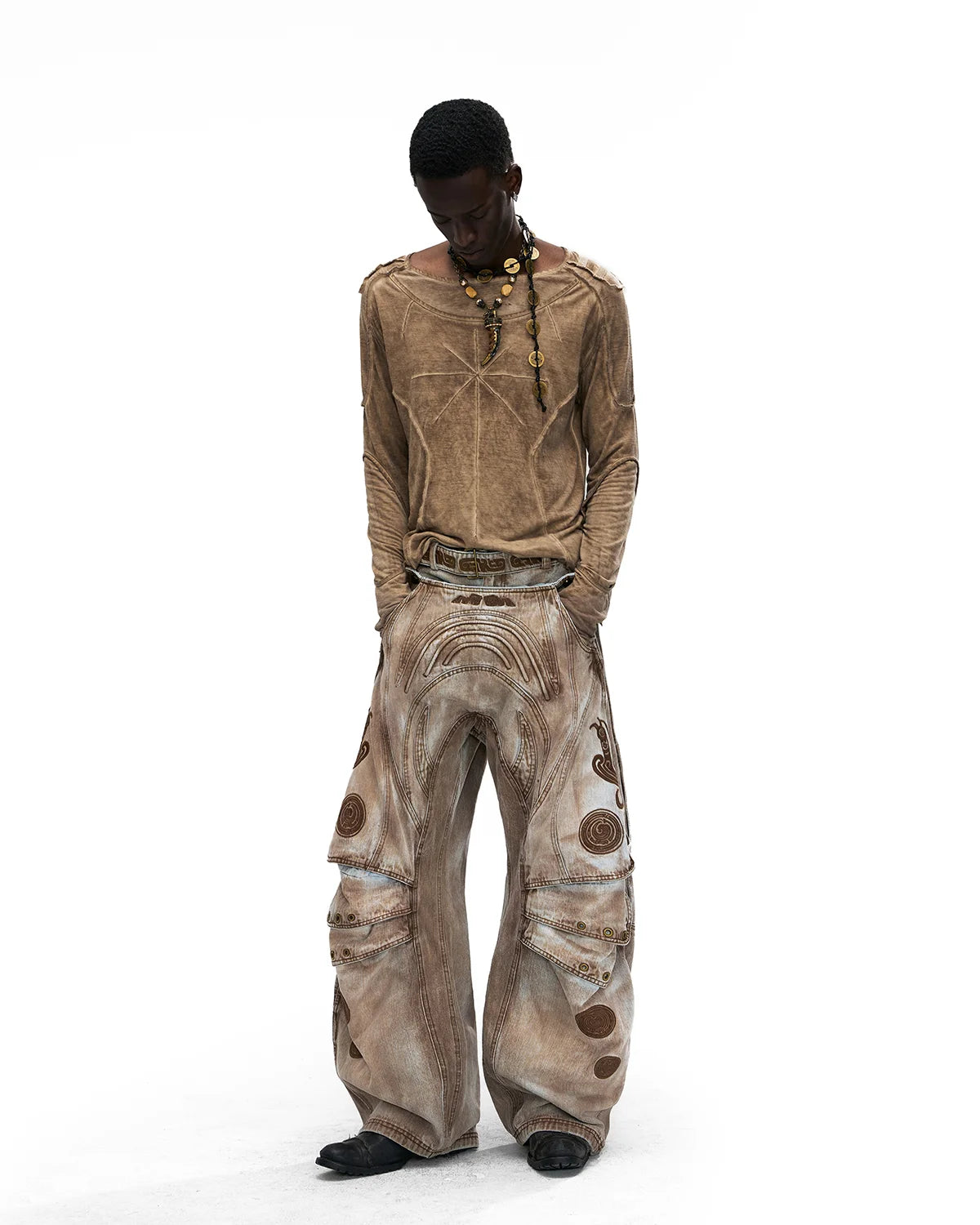 Personsoul Vintage Earth-Tone Faux-Layer Curved Jeans