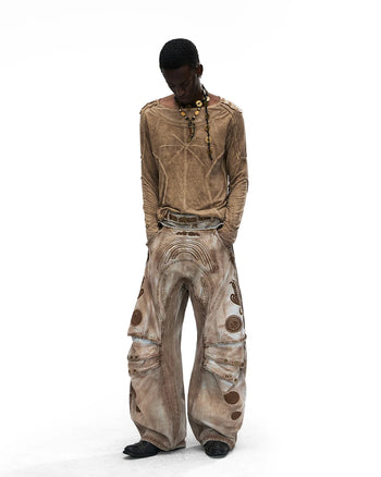 Personsoul Vintage Earth-Tone Faux-Layer Curved Jeans