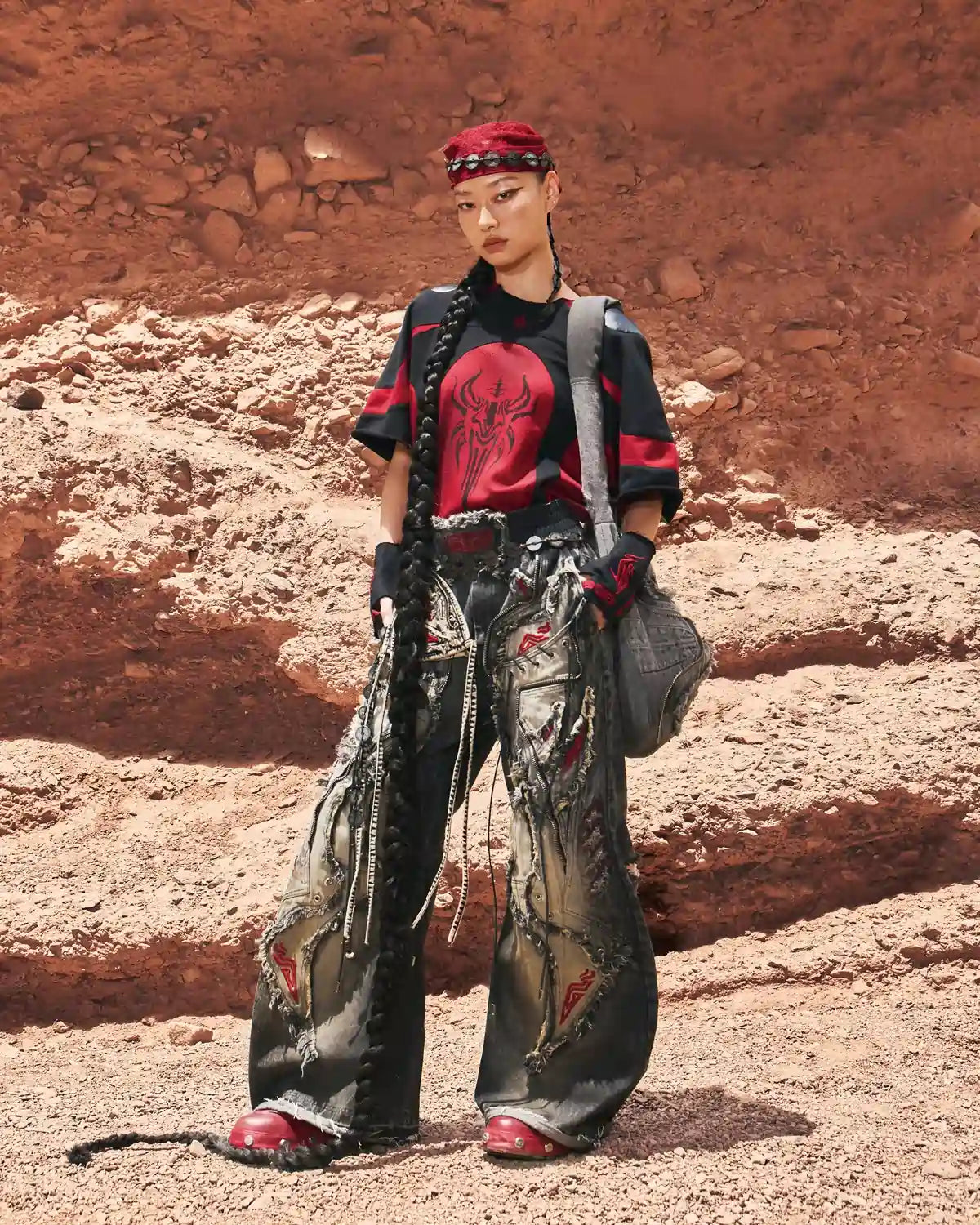 Personsoul Red-Embroidered Totem Wide-Leg Denim Jeans