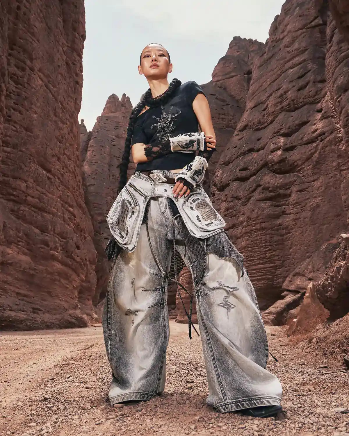 Personsoul Vintage Detachable Panel Curved Denim Jeans