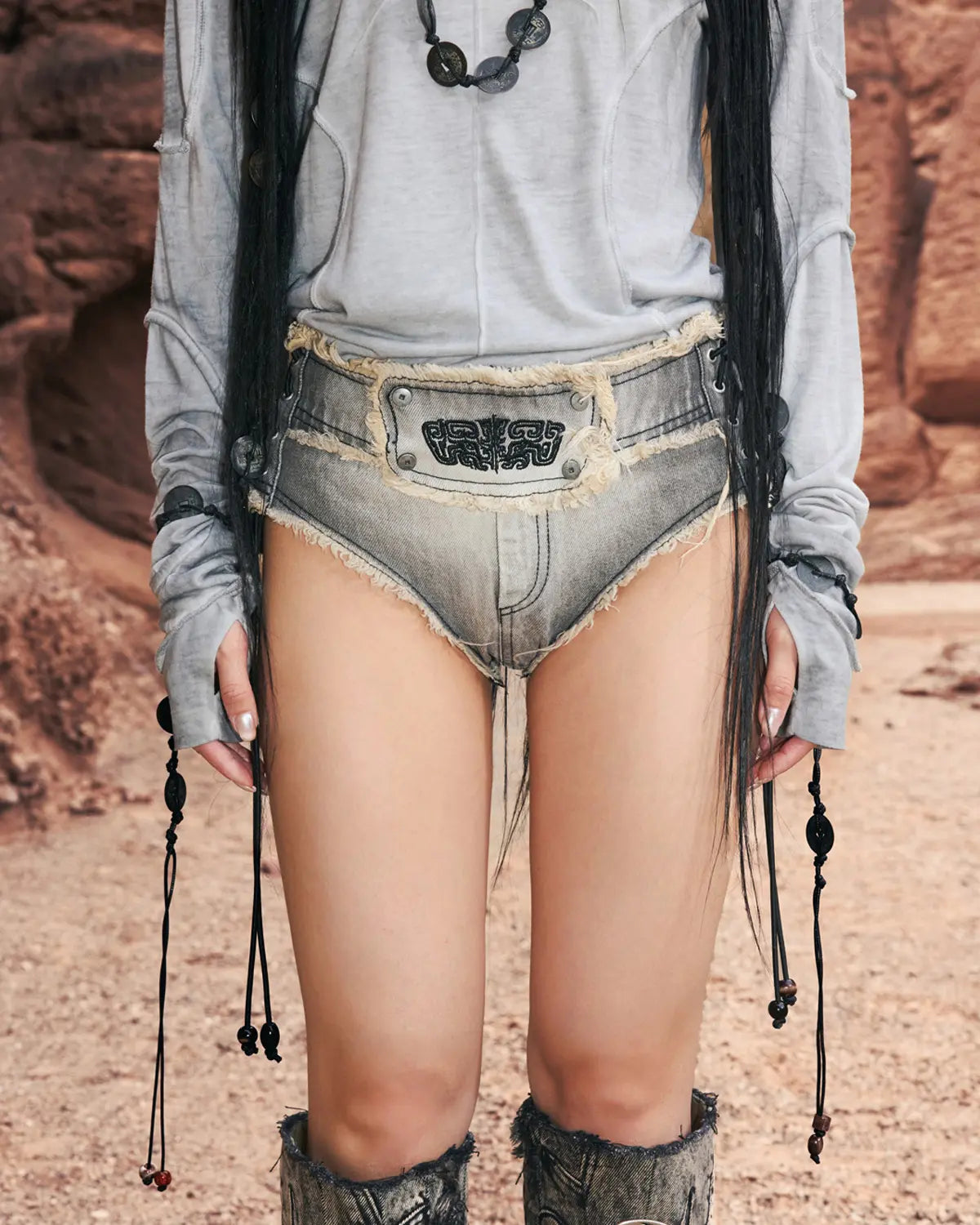 Personsoul Embroidered Mythical Beast Motif Bikini Bottom