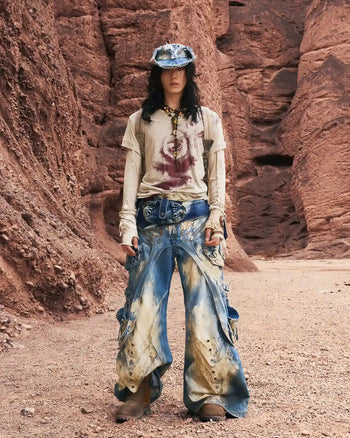 Personsoul Embroidered Blue-to-White Gradient Denim Jeans