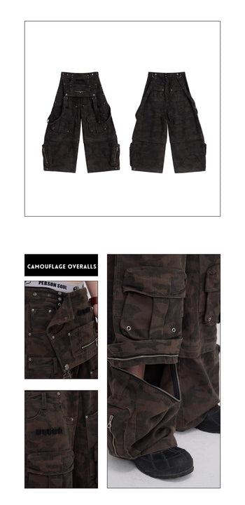 Personsoul Black Camouflage Overalls with Zip-Off Legs