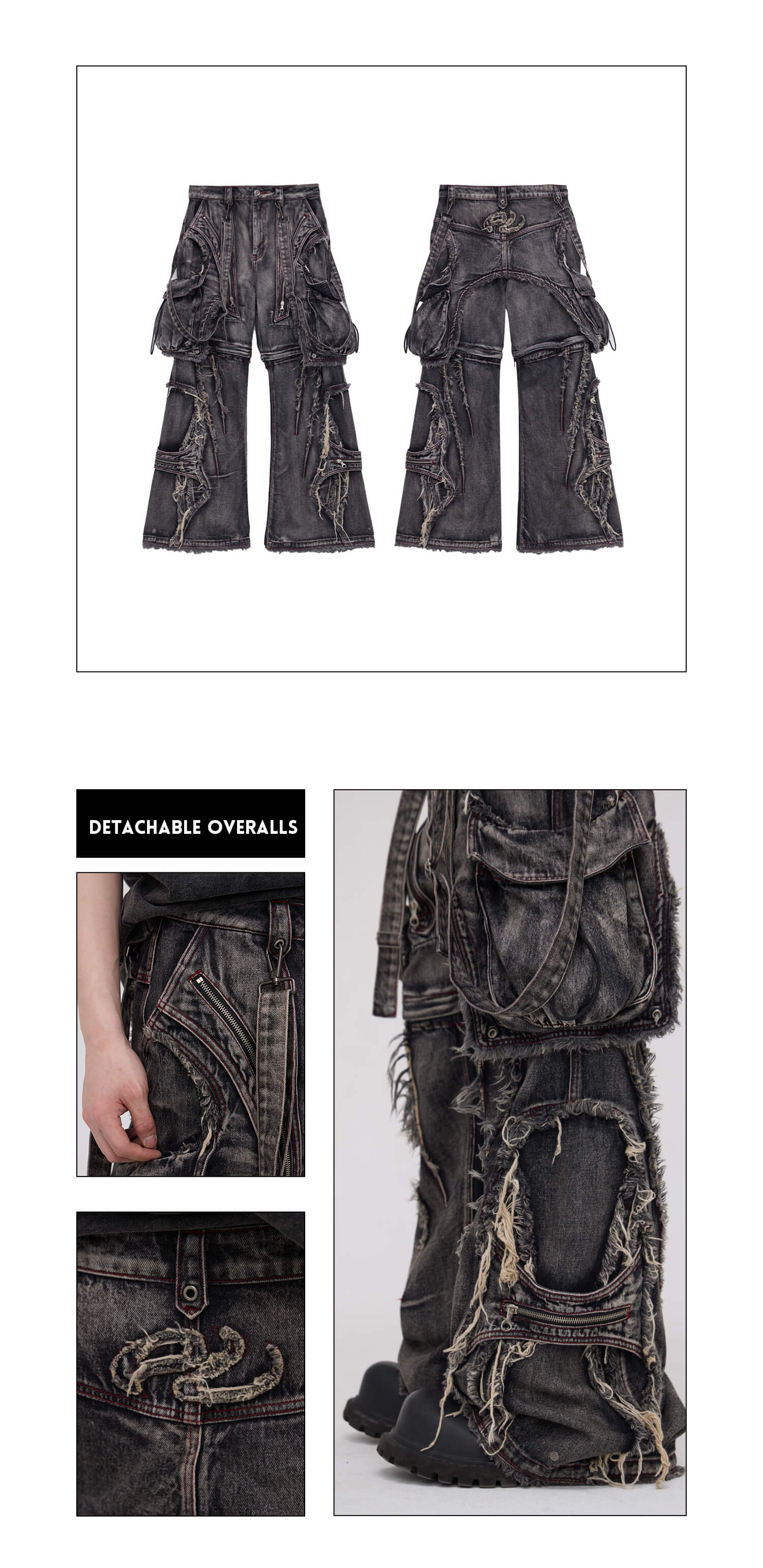 Personsoul Black Detachable Denim Overalls