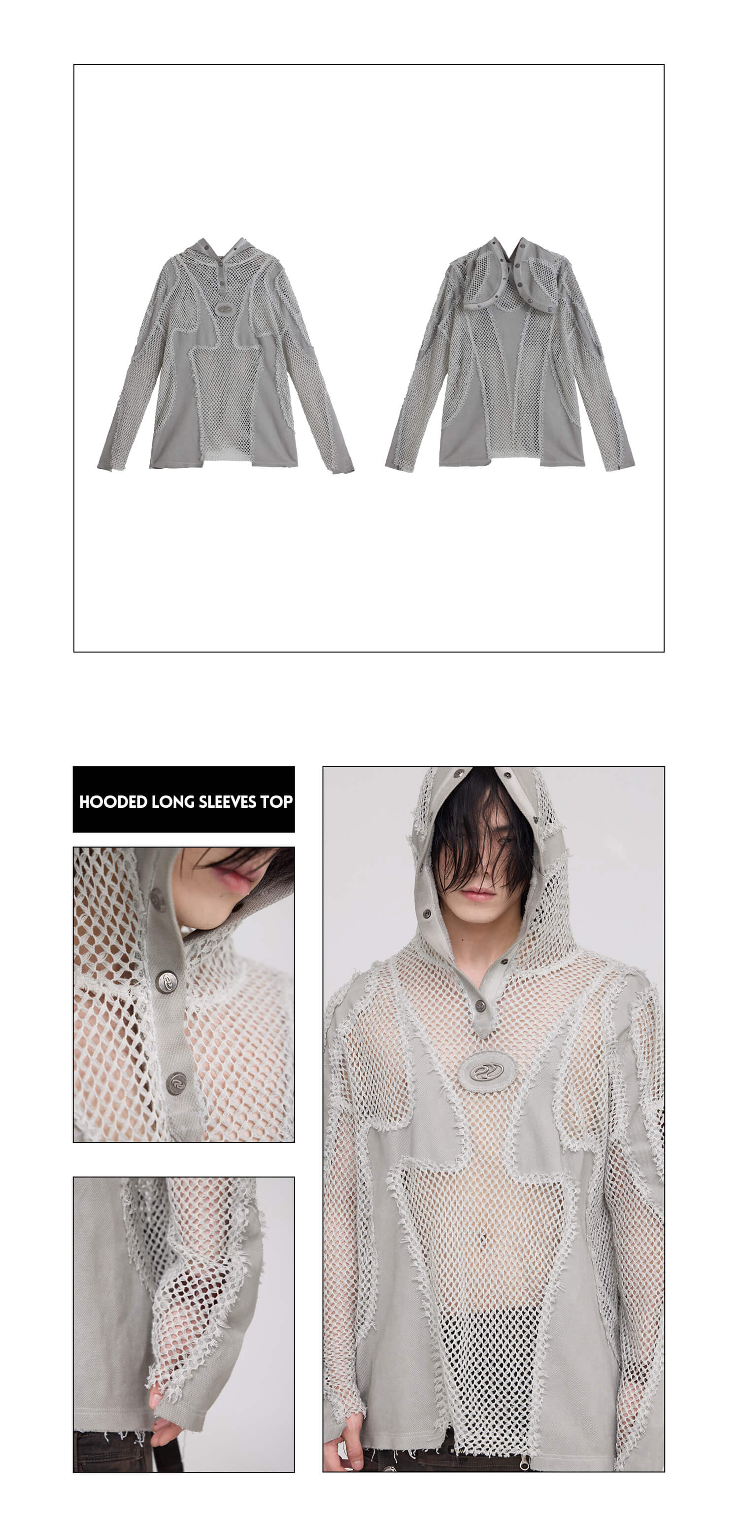 Personsoul Split Mesh Hooded Long Sleeves Top