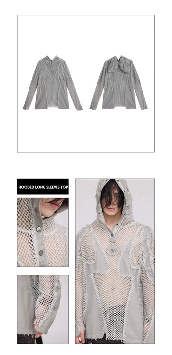 Personsoul Split Mesh Hooded Long Sleeves Top