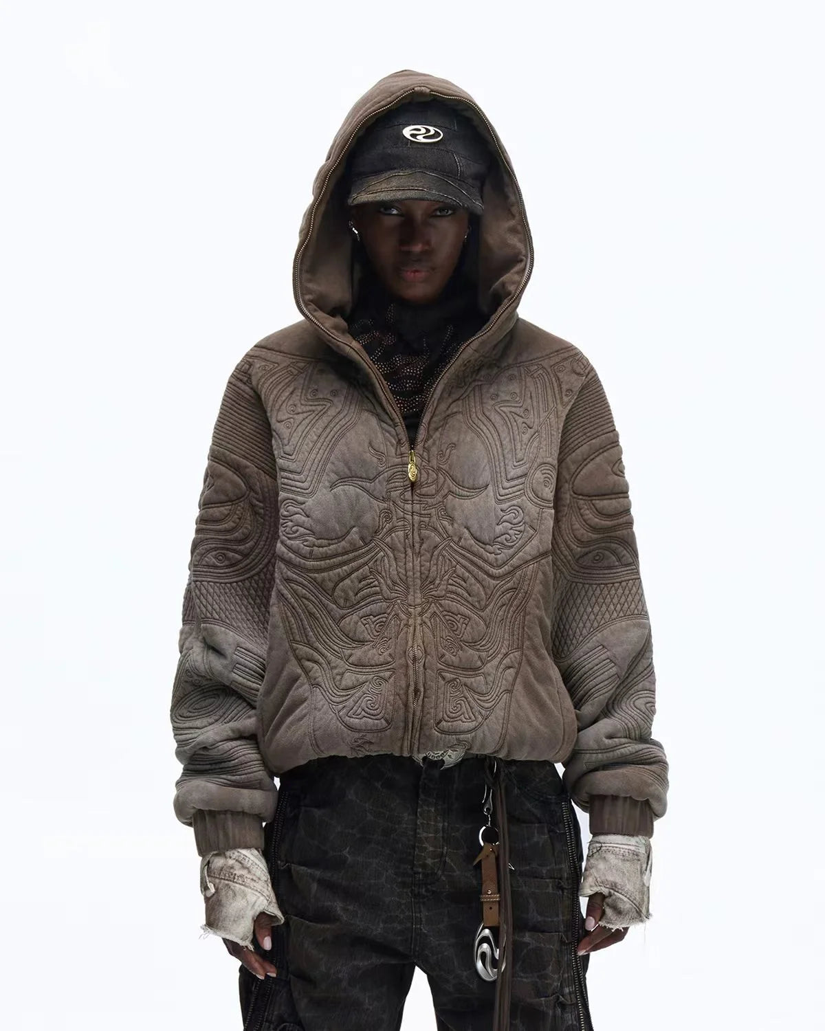 Personsoul Textured Full-Zip Hoodie with Chinese Motif Embroidery In Brown