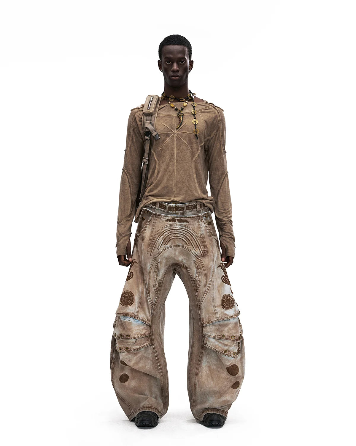 Personsoul Vintage Earth-Tone Faux-Layer Curved Jeans