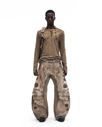 Personsoul Vintage Earth-Tone Faux-Layer Curved Jeans