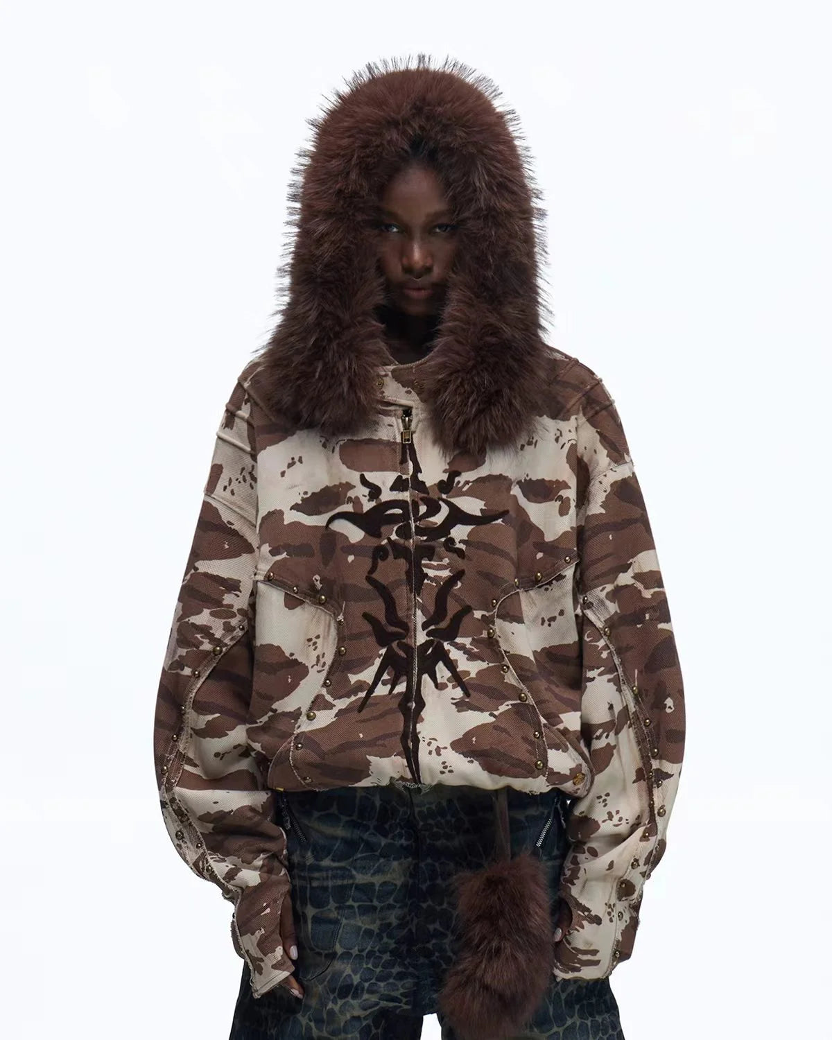 Personsoul Animal Print Hoodie with Fur-Lined Hood