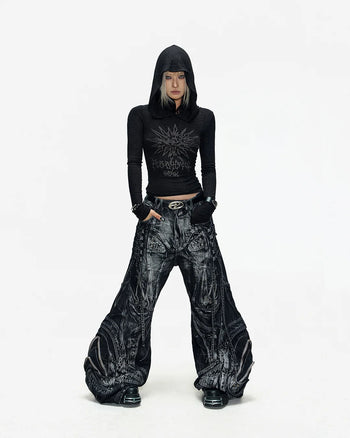 Deconstructed Exaggerated Flared Patchwork Jeans In Black