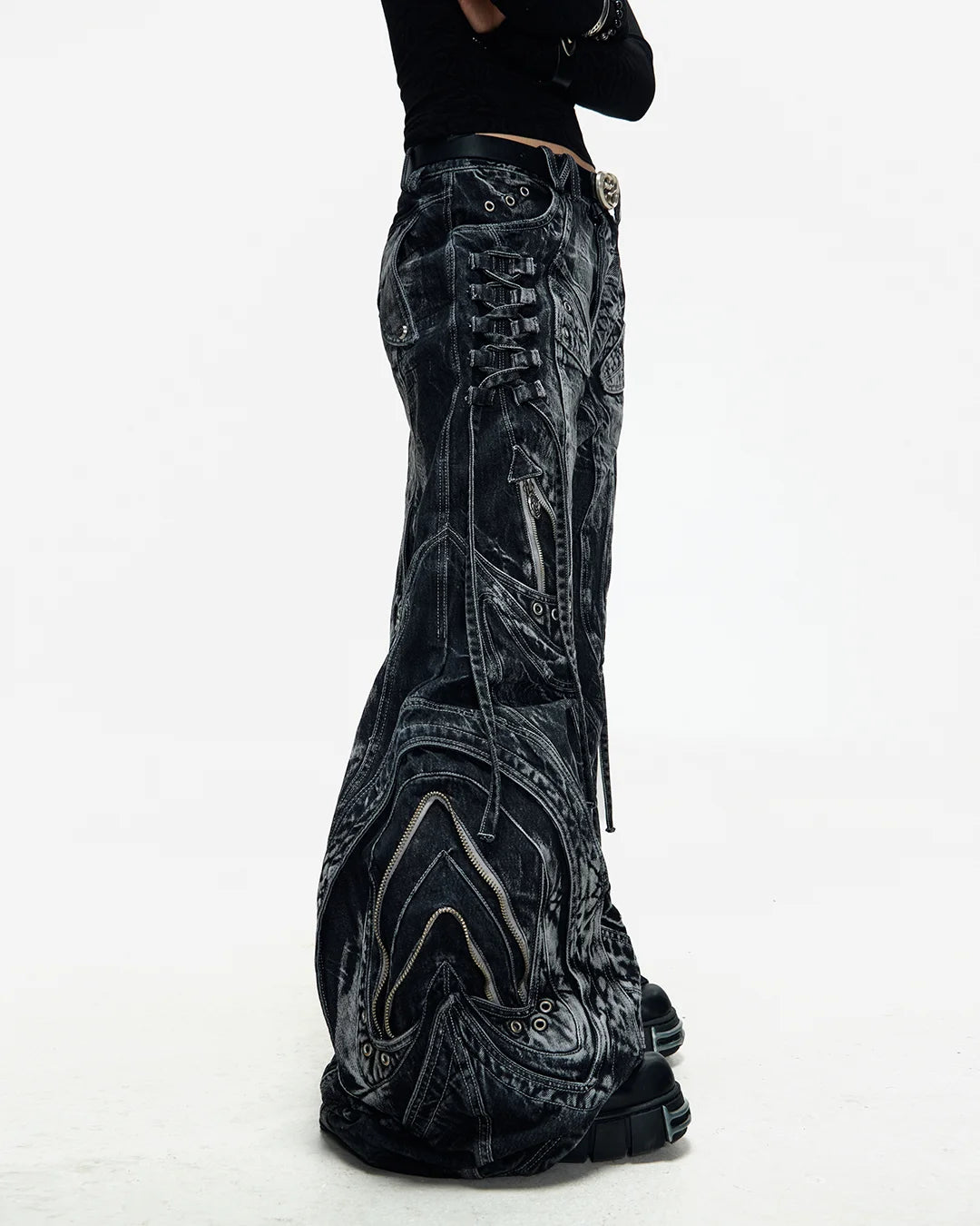Deconstructed Flared Patchwork Denim Jeans Black – personsoul Deconstructed Flared Patchwork Denim Jeans Black – personsoul
