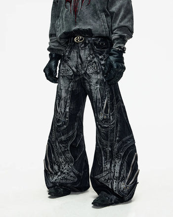 Deconstructed Exaggerated Flared Patchwork Jeans In Black