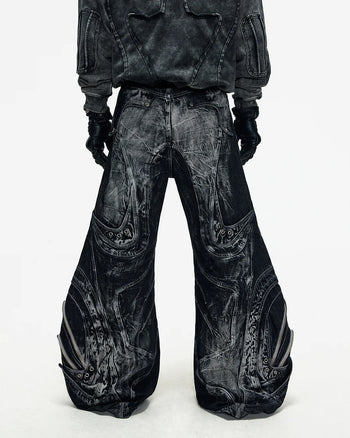 Deconstructed Exaggerated Flared Patchwork Jeans In Black