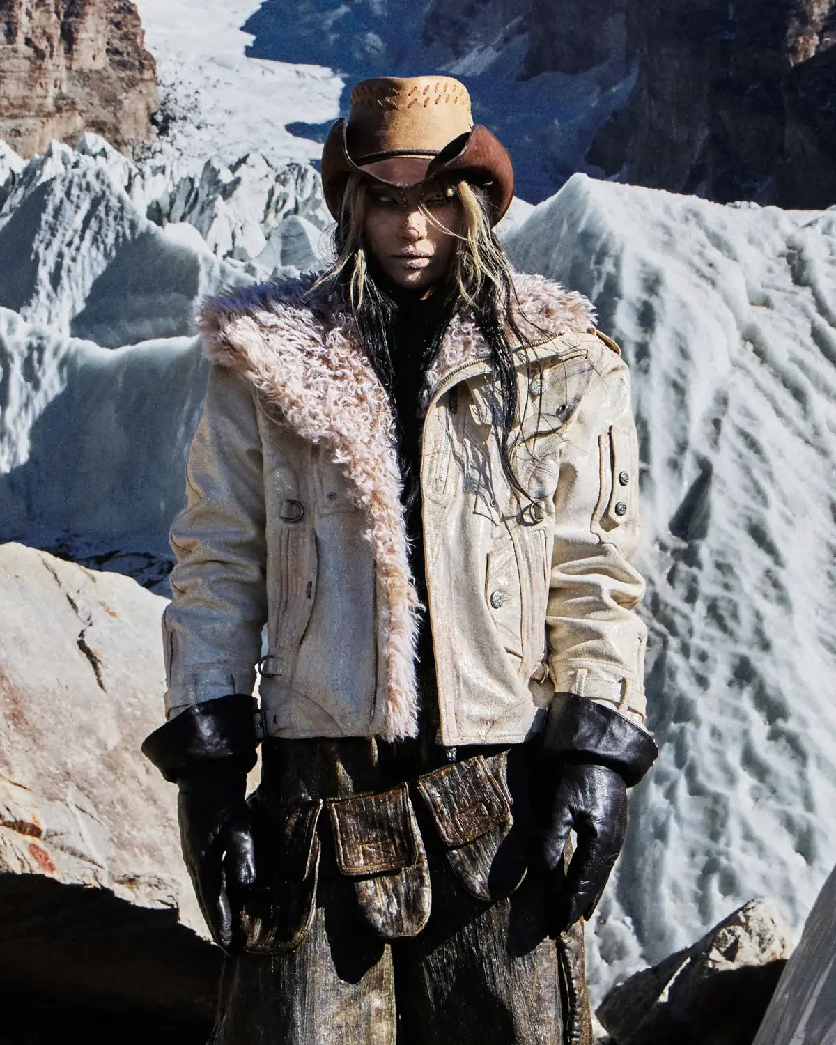 Personsoul Cracked Sheepskin and Mosner Wool Stand Collar Jacket