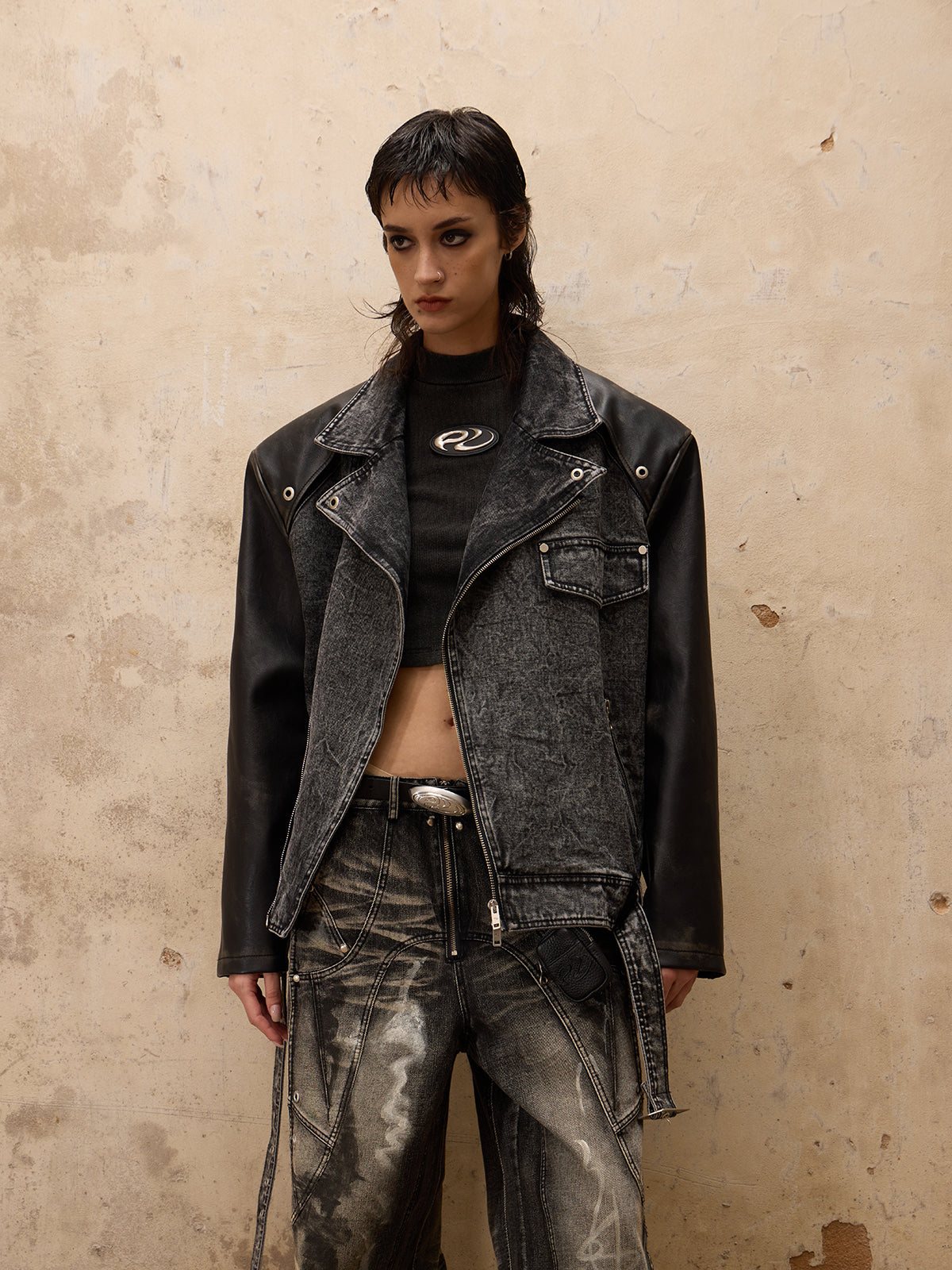 Personsoul Motorcycle Denim Leather Jacket