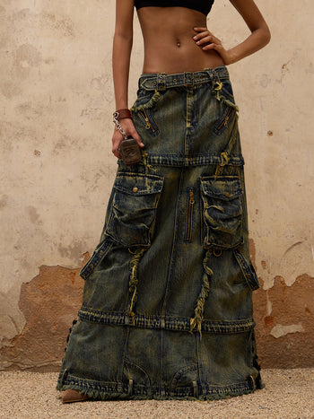 Personsoul Three-Stage Maxi Washing Denim Skirt