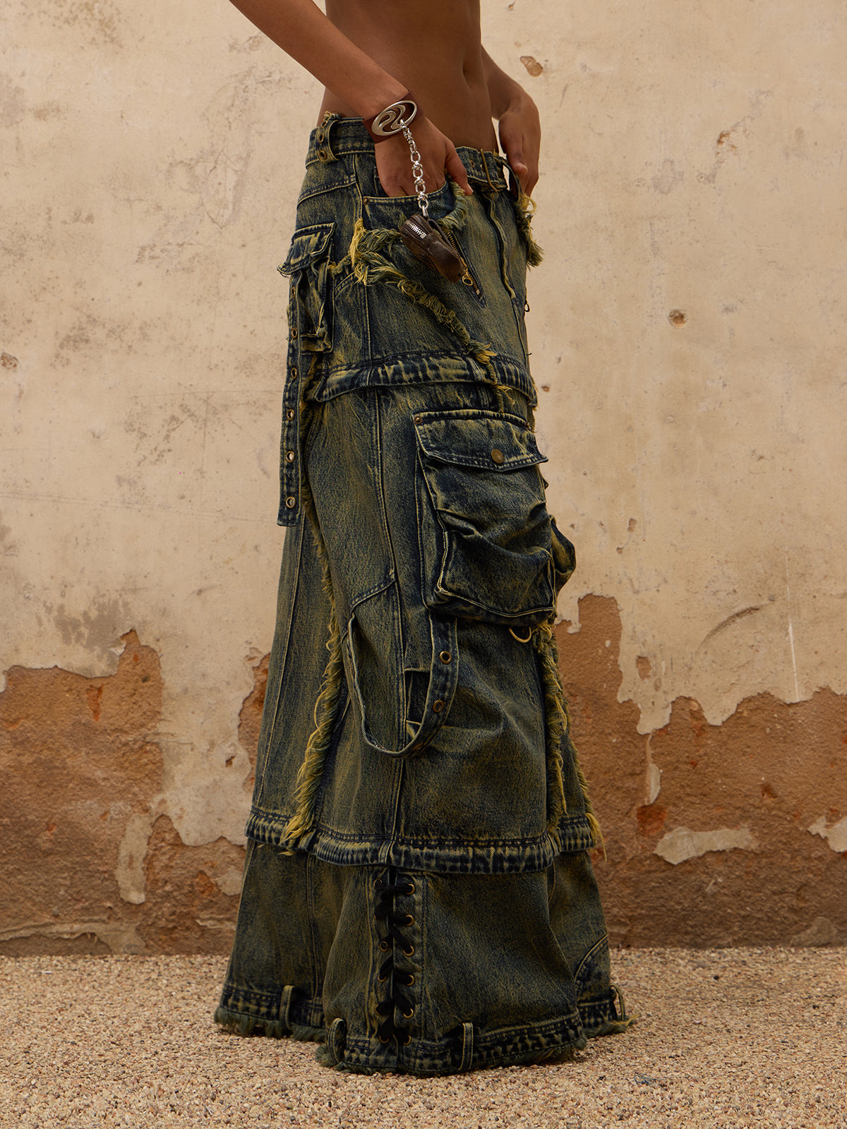 Personsoul Three-Stage Maxi Washing Denim Skirt