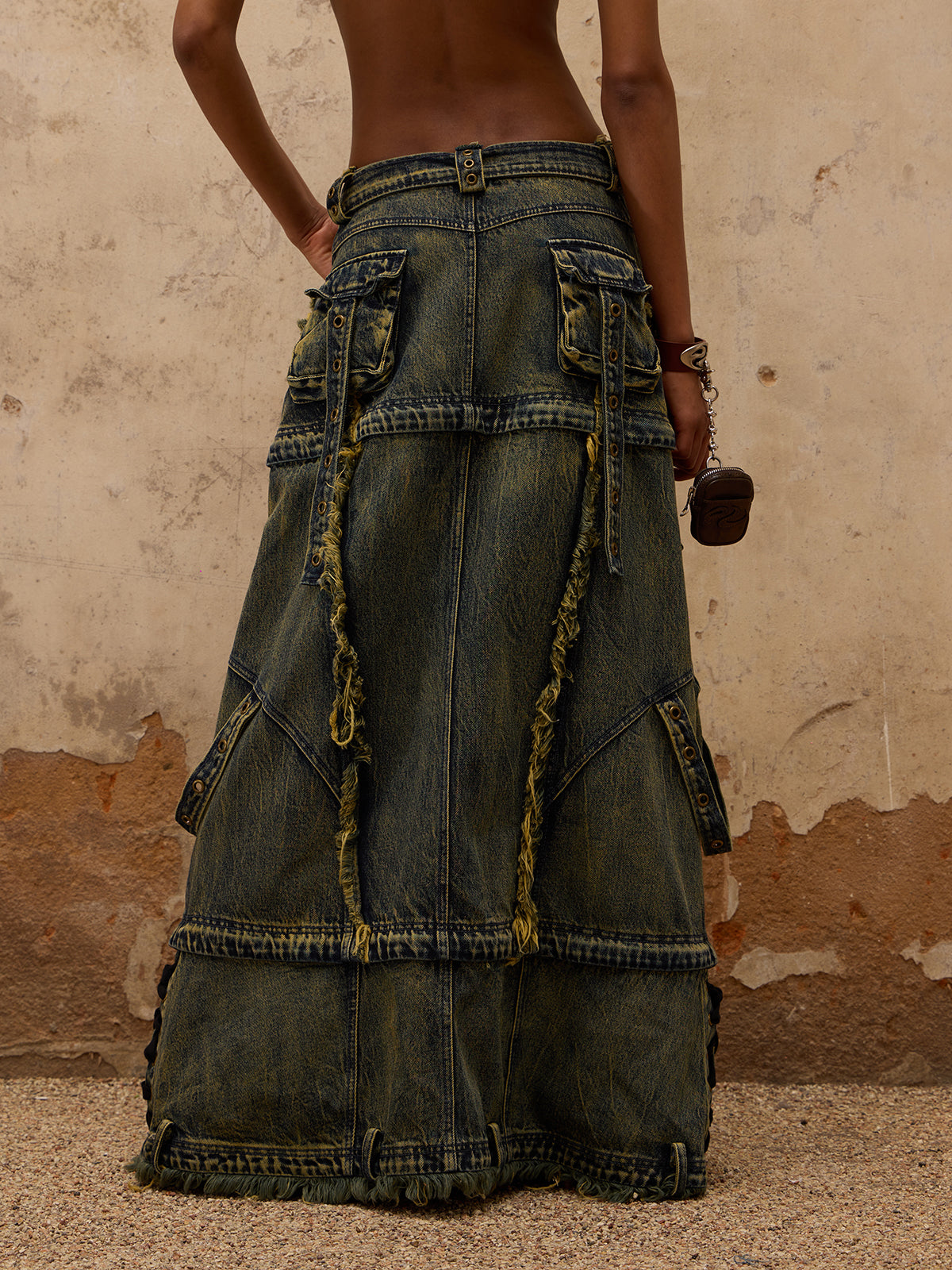 Personsoul Three-Stage Maxi Washing Denim Skirt