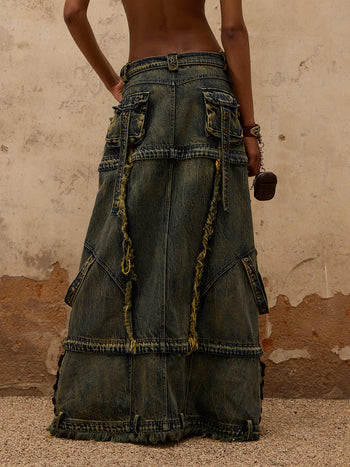 Personsoul Three-Stage Maxi Washing Denim Skirt
