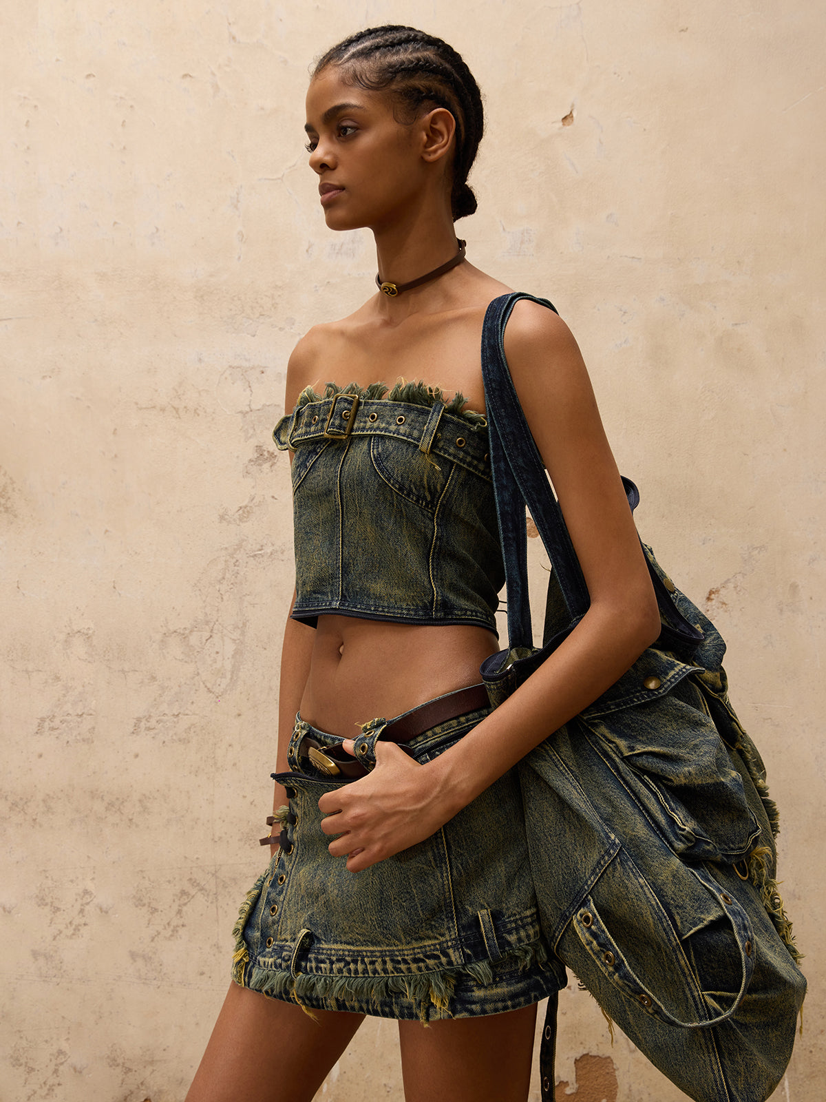 Personsoul Three-Stage Maxi Washing Denim Skirt