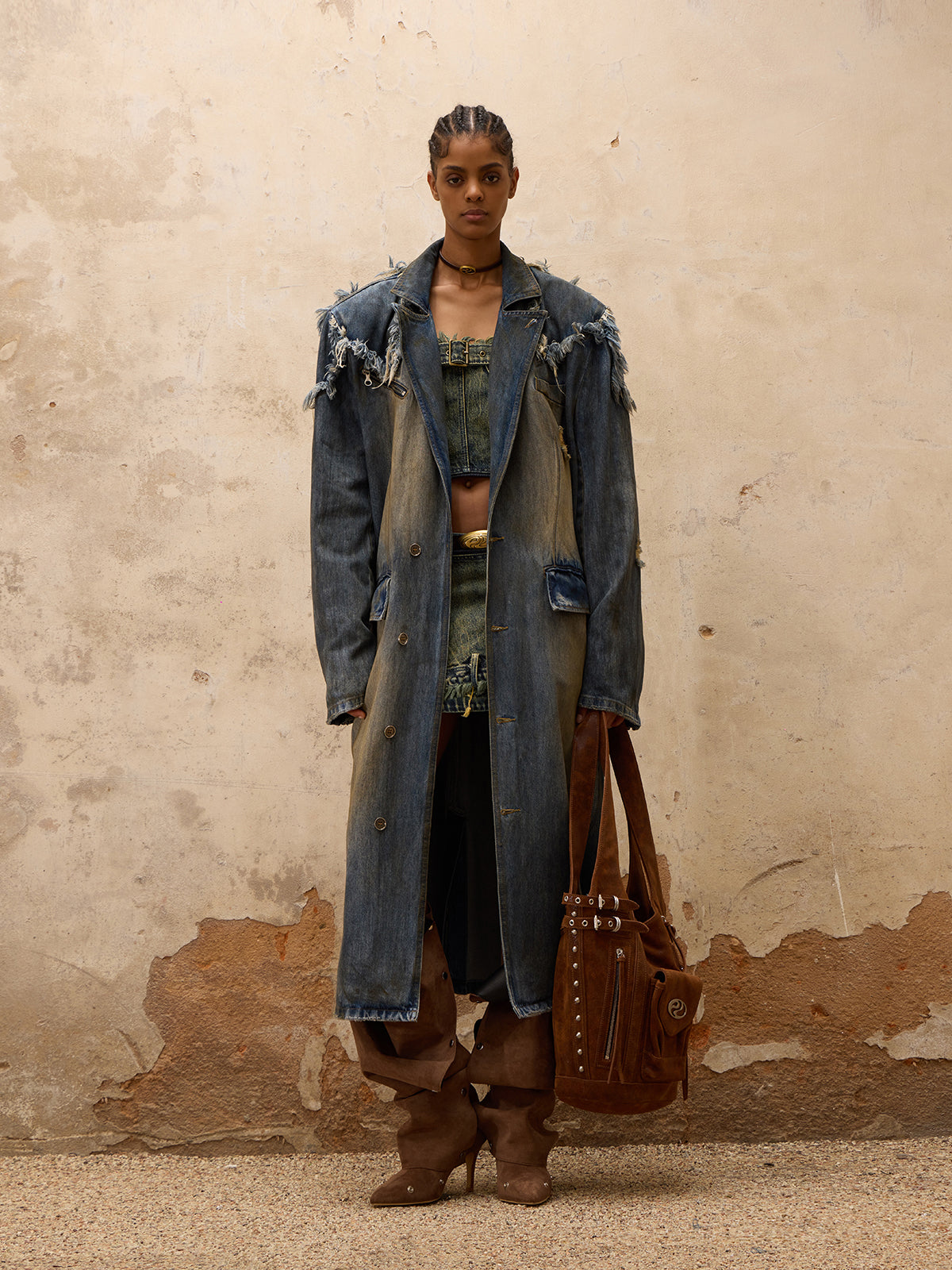 Personsoul Dirty Trench Denim Coat